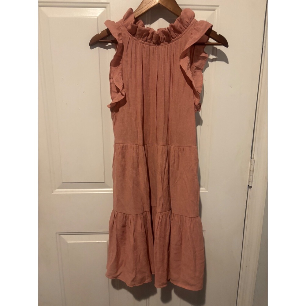 Mine MIDI Dress Size L Short Sleeve Smocked‎ Chest Tiered Pink Lined Medium